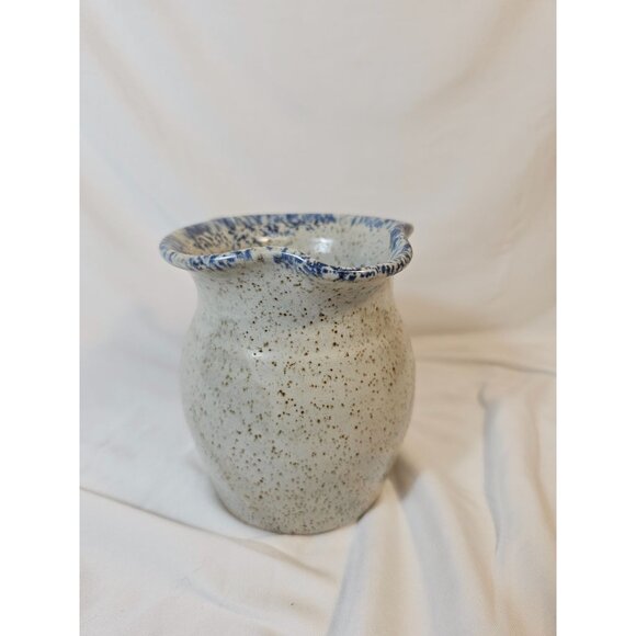 Vintage Speckled Stoneware Creamer Pitcher With Heart & Blue Floral Design - Picture 5 of 9